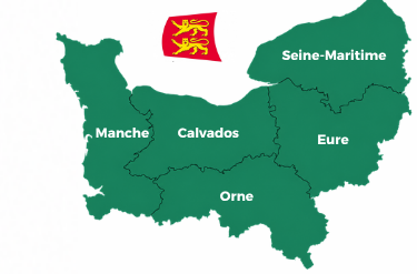 Carte des départements normands éligibles : Calvados, Manche, Orne, Eure et Seine-Maritime