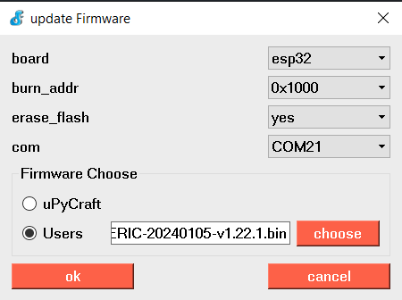 uPyCraft ESP32 firmware upload 